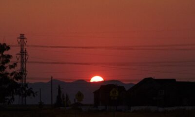 Electricity pylons at sunset
